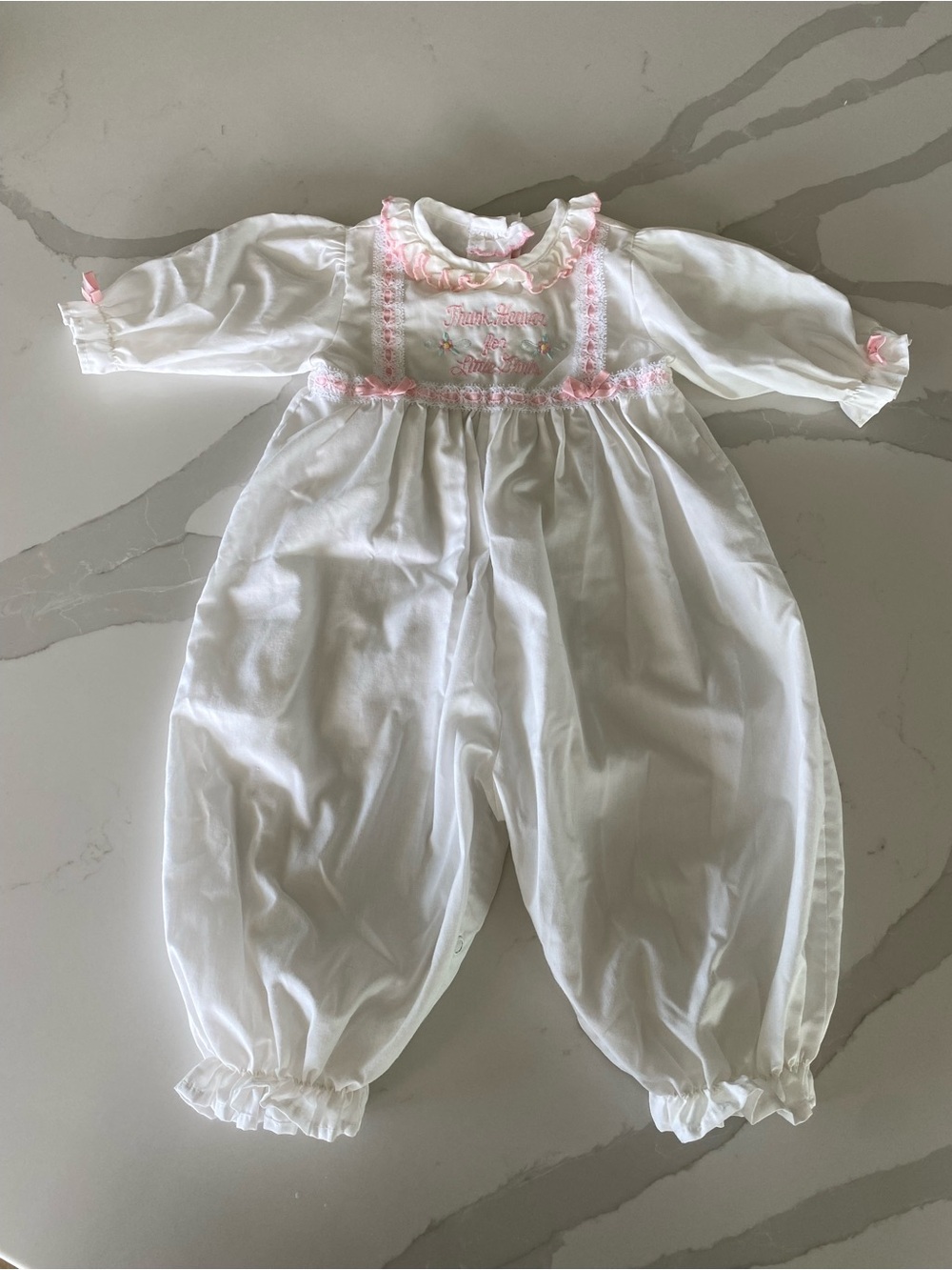 Vintage Alexis embroidered Thank Heavens for little girls lace bubble romper 6M